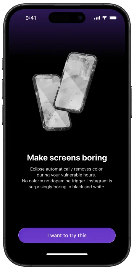 Eclipse makes your screen boring — grayscale app interface